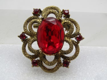 Vintage Tiered Red Rhinestone Brooch, Scalloped Frame, 1970's-1980's