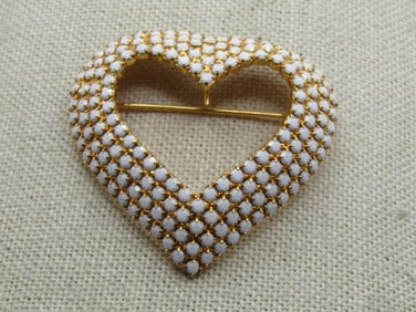 Vintage White Glass Rhinestone Heart Brooch/Pendant Hook, 1960's-1970's