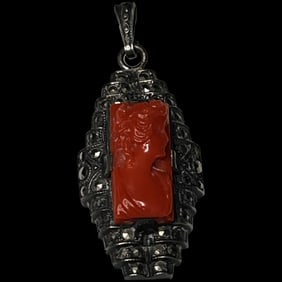 Vintage Carved  Coral Cameo and Marcasite Pendant