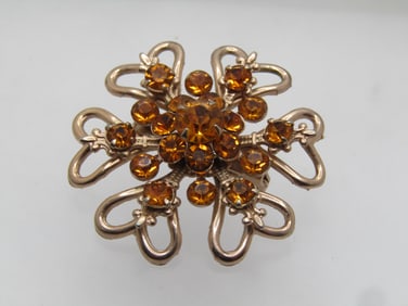 Vintage Honey Rhinestone Heart Blossom Brooch, 1.5", 1940's-1960's