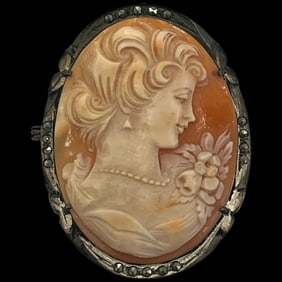 Large Vintage Silver and Marcasite Cameo Brooch/Pendant