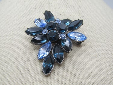 Vintage Dark & Light Blue Rhinestone Brooch, 1970s-1980's