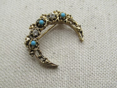 Vintage Crescent Brooch, Rhinestones & Faux Turquoise, Gerry's, 1960's