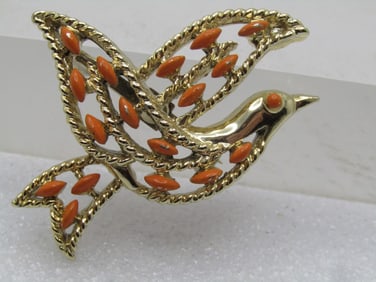 Vintage Orange Enaemeled Dove  Brooch, Signed Gerry's, 1960's-1970's