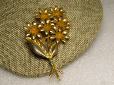 Vintage Yellow Tall Flower Stem Brooch, 10kt Filled or Plated, 1940's