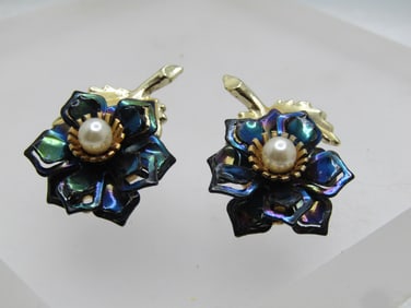Vintage Peacock Iridescent Blossom Earrings, Clip, Enameled, 1960's