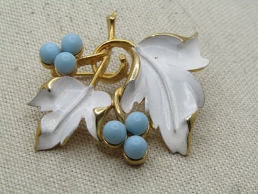 Vintage White Enameled Leaf Brooch, Blue Beads, Signed Sarah Cov. 1960's-1970's