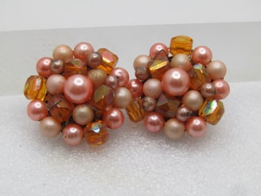 Vintage Peach/Pink Coral Tone Beaded Earrings, Clip, 1940's-1950's