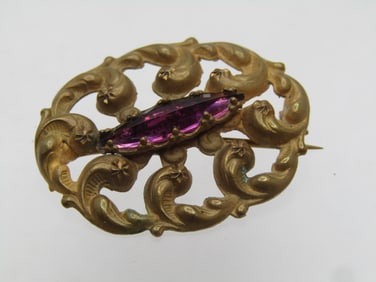 Vintage Victorian Scrolled Brooch, Purple Rhinestone, C-Clasp, 1800's-1910