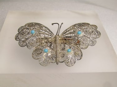 Vintage .800 Silver Filigree Butterfly Brooch, 1930's-1940's, Faux Turquoise Stones