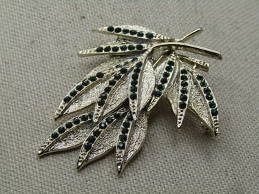 Vintage Green Rhinestone Leaf Stem Brooch, Dodd's, 1960's