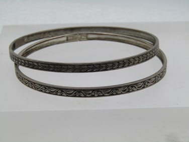 Vintage Sterling Pair Bangle Bracelets, 7.75" Floral Scrolled, 1940's-1950's