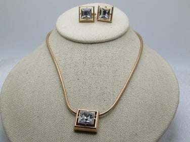 Vintage Clear Rhinestone Necklace & Clip Earrings Set, 1970's-1980's, Avon