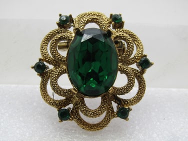 Vintage Green Rhinestone Scalloped Tiered Brooch, 1970's-1980's