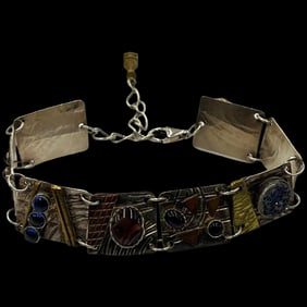 Estate Artisan Handmade Sterling Silver and Cabochon Multi Disk Bracelet