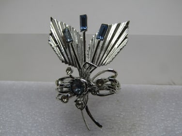 Vintage Blue Rhinestone Floral Brooch, Bow Accent, 1960's