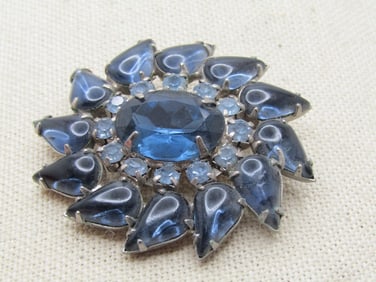 Vintage Blue Rhinestone  Spiral Blossom Brooch, Light and Dark Blue, 1940's-1960's