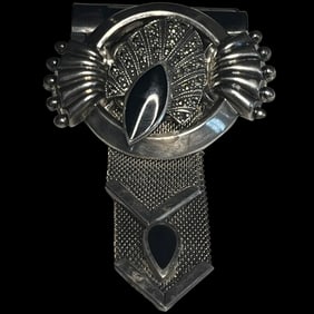 Vintage Sterling Silver Marcasite and Onyx Chain Brooch