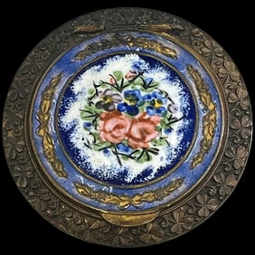 VINTAGE FRENCH ENAMEL FLORAL ROSE VIOLET COBALT BLUE ENAMEL COMPACT&nbsp;TRINKET&nbsp;BOX