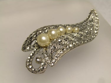 Vintage Faux Pearl & Marcasite Leaf Brooch, 1960's