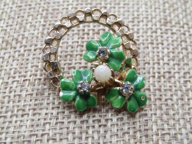 Vintage Enameled Shamrock Clear stone Brooch, 1950's-1960's