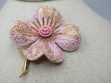 Vintage Pink & Gold Enameled Dogwood Blossom Brooch, Signed Art, 1950's-1960's