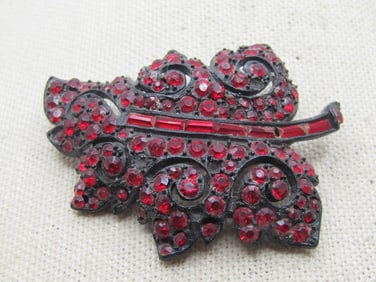 Vintage Black Leaf Brooch, Red Rhinestones/Baguettes, 1940's-1950's