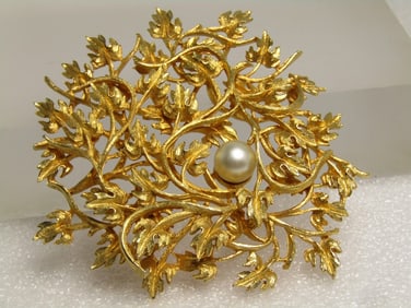 Vintage Cluster & Tiered Leaf Brooch, Single Faux Pearl, 1970's-1980's