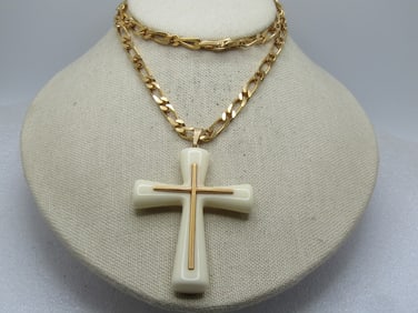 Vintage Monet White Reversible Cross Necklace, 24", 1960's-1970's