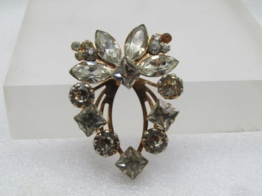 Vintage Mixed Clear Rhinestone Brooch, Modified Heart Shape, 1940's-1950's