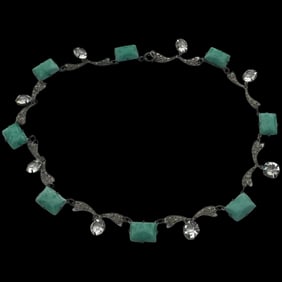 Vintage Art Deco Silver Filigree Collar Necklace with Green Cut Glass & Crystal