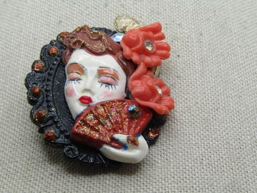 Vintage Woman With Fan & Flowers Brooch, Porcelain, 1960's-1970's