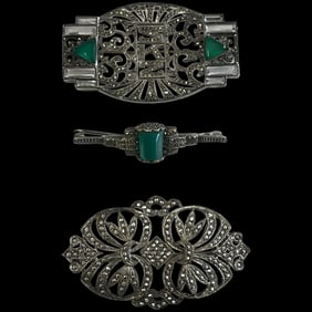 Vintage Lot of Art Deco Brooches set with Chrysoprase and Marcasite