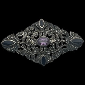 Vintage Sterling silver Art Deco Brooch with Marcasite, Onyx & Amethyst Stone