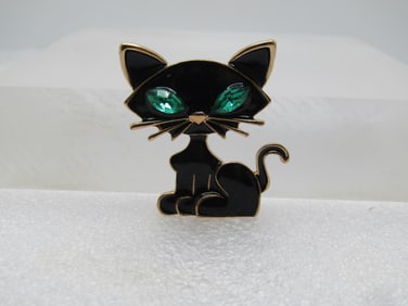Black Enameled Cat Brooch, Green Marquise Glass Eyes, 2000's