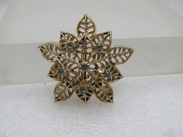 Vintage Aqua Rinestone Tiered Brooch, Leaf Blossom, 1950's-1960's, Signed Gerry's