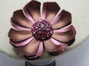 Vintage Matte Satin Pink/Brown Blossom Brooch w/Rhinestones, 1960's