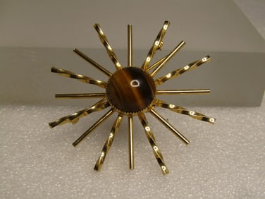 Vintage Tiger's Eye Sunburst Brooch, Signed Burt Cassell 1/20 12kt G.F, 1960's.