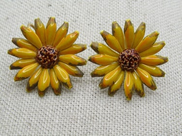 Vintage Yellow Enameled Floral Earrings, Clip, 1960's