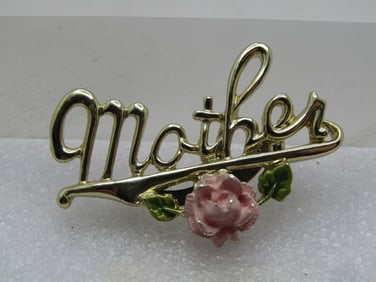 Vintage Mother with Enameled Rose Brooch, 1960's-1970's, Signed Gerry's
