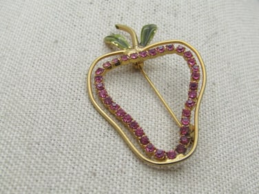 Vintage Pink Rhinestone Apple Brooch, Enameled Leaves, 1960's-1970's