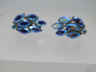 Vintage Blue A.B. Rhinestone Clip Earrings,  1940's-1950's
