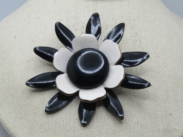 Vintage Black & White Blossom Brooch, 1950's-1960's, 3.25"