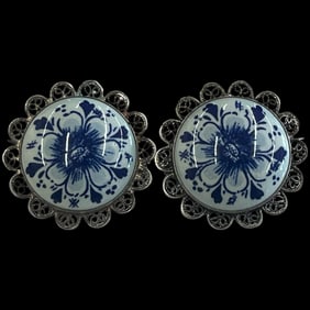 Vintage Delft Silver Filigree Ceramic Brooch/Pin