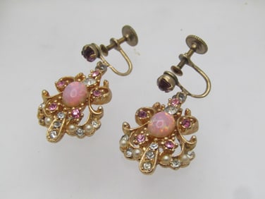 Vintage Faux Opal & Rhinestone Drop Earrings, Screwback, 1940's-1960's