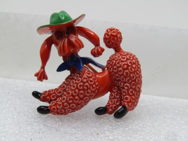 Vintage Coral Enameled Poodle Cowboy Brooch, Signed JJ, 1960's