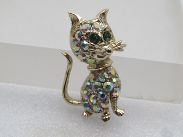 Vintage Aurora Borealis Rhinestone Cat Brooch, 1950's-1960's