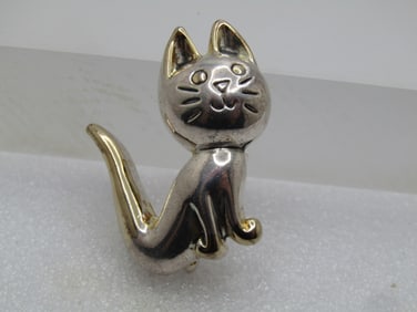 Silver Plated Cat Brooch/Pendant, 1990's, Signed MJ