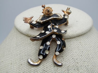 Vintage Black & White Enameled Clown Brooch, Articulated.  1950's-1960's