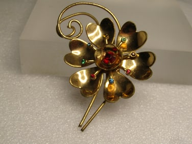 Vintage Rhinestone Floral Brooch, 10kt Plated or Filled, 1940's-1950's.